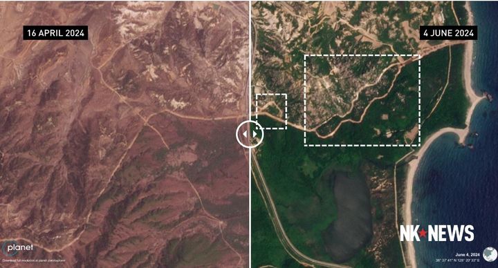 '플래닛 랩' 위성이 4월과 6월 찍은 동해안 휴전선 일부 구간의 위성사진. 북한 전문 매체 NK뉴스는 "일부 DMZ를 포함한 2.8km 구간에서 '비우기' 작업이 진행되고 있다"고 5일 보도했다.(사진출처 NK뉴스 캡처). 2024.06.07.  *재판매 및 DB 금지