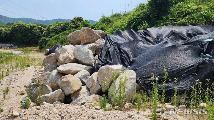 [예천=뉴시스] 김진호 기자 = 경북 예천군 감천면 벌방리에 지난해 7월 집중호우 때 산에서 굴러온 바위들이 쌓여 있다. 2024.06.12 kjh9326@newsis.com 