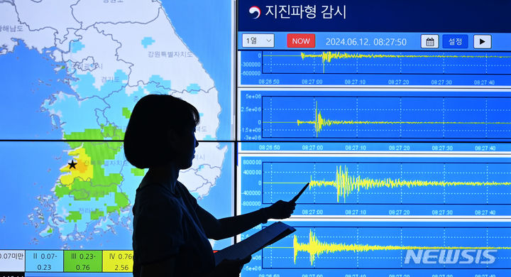 [수원=뉴시스] 김종택 기자 = 전북 부안군 남남서쪽 4km 부근 지역에서 규모 4.8 지진이 발생한 12일 경기도 수원시 권선구 수도권기상청에서 지진담당관이 상황을 분석하고 있다. 이날 발생한 지진은 역대 한반도 지역 지진 중 7번째 해역지진을 포함한 전체 지진 중 16번째로 강력한 것으로 나타났다. 사진은 기사 내용과 직접적인 연관 없음. 2024.06.12. jtk@newsis.com