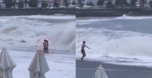 [서울=뉴시스] 19일 러시아 한 외신은 지난 16일 러시아 소치 리비에라 바닷가에서 한 커플이 입맞춤하다 비극적인 순간을 맞이했다고 보도했다. (사진=X 갈무리)