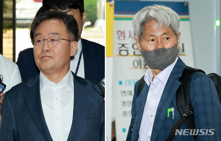 [서울=뉴시스] 고범준 기자 = 지난 대선 과정에서 허위 인터뷰를 통해 윤석열 대통령의 명예를 훼손한 혐의 등으로 재판에 넘겨진 화천대유자산관리 대주주 김만배씨 등의 사건에서 재판부가 검찰의 공소장에 의문을 표시했다. 사진은 김만배(왼쪽) 씨와 전 언론노조위원장 신학림 씨가 지난 6월20일 오전 서울 서초구 서울중앙지법에서 열린 구속전 피의자 심문(영장실질심사)을 받기 위해 법정으로 들어가고 있는 모습. 2024.06.20. bjko@newsis.com