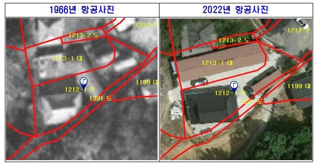 정읍시의 '지목현실화 사업' 대상 부지다. 1966년에 촬영된 항공사진과 2022년 항공사진을 대조분석해 1973년1월1일 '농지법' 시행 이전 건축물임이 확인될 경우, 시민의 권리보전을 위해 농지법 미적용 대상으로 분류, 지목을 현실성 있게 변경해 줄 예정이다. *재판매 및 DB 금지