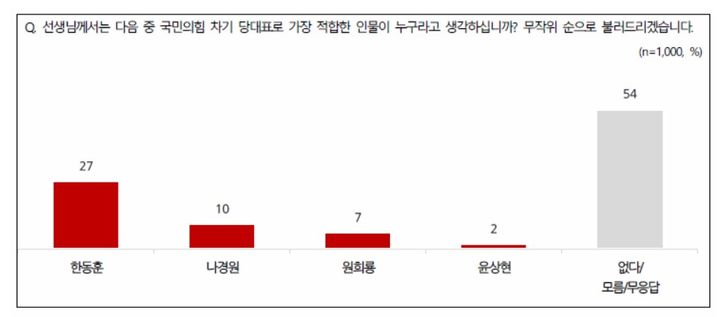 여 차기 당대표…한동훈 27% 나경원 10% 원희룡 7% 윤상현2%[NBS]