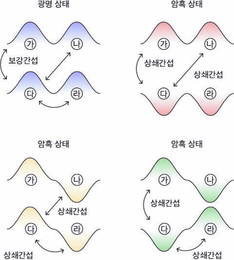 4개의 원자가 두 쌍으로 대칭을 이루면 그림과 같이 오로지 네 종류의 전자 파동 상관관계만 존재하게 된다. 보강간섭이 일어나 빛으로 관측되는 광명 상태에 놓이는 파란색 파동과 달리, 나머지 세 파동에서는 상쇄간섭이 발생하기 때문에 빛으로 관측할 수 없는 암흑 상태의 전자가 형성된다. (사진=과기정통부 제공) *재판매 및 DB 금지