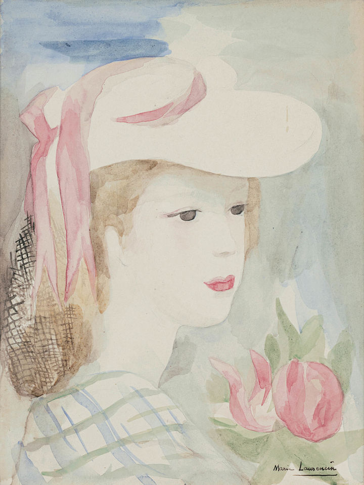 추정가 2000~3500만 원, 마리 로랑생(1883~1956)French Jeune Femme au Chapeau et à la Rose (Young Woman with a Hat and a Rose)watercolor on paper 32.8×25cm ,circa 1932 *재판매 및 DB 금지