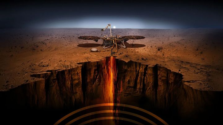 [서울=뉴시스] NASA의 '인사이트(Insight)' 탐사선이 화성 지하를 조사하는 모습 상상도. (사진=NASA) *재판매 및 DB 금지