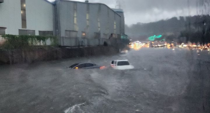 [울산=뉴시스] 박수지 기자 = 20일 오전 울산시 울주군 온산읍 원산리 한국제지 앞에 폭우가 내리면서 차량이 침수돼 있다. (사진=울산경찰청 제공) 2024.08.20. photo@newsis.com *재판매 및 DB 금지