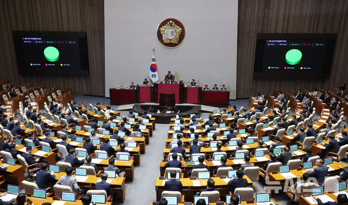 [서울=뉴시스] 고승민 기자 = 28일 서울 여의도 국회에서 열린 제417회 국회(임시회) 제2차 본회의에서 민법 일부개정법률안(구하라법)이 재석 286인, 찬성 284인, 기권 2인으로 가결되고 있다. 2024.08.28. kkssmm99@newsis.com