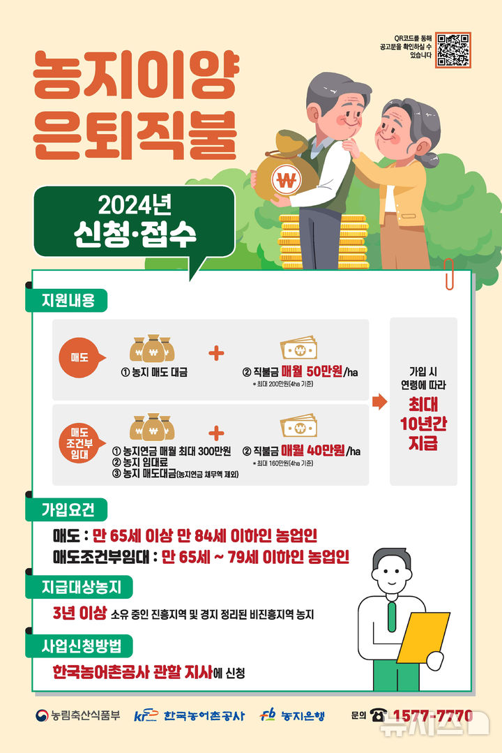 [광주=뉴시스] 한국농어촌공사가 고령 농업인의 안정적인 노후 생활 지원을 위해 시행하는 '농지이양 은퇴직불사업' 홍보 포스터. (사진=농어촌공사 제공) 2024.09.04. photo@newsis.com *재판매 및 DB 금지