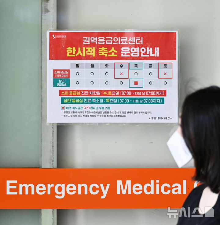 [수원=뉴시스] 김종택 기자 = 4일 경기도 수원시 아주대학교 병원에 응급실 한시적 축소 운영 안내문이 붙어 있다.아주대병원은 권역응급의료센터 전문의 사직 및 응급실 의료진의 과부하 등에 따라 내일부터 매주 목요일 오전 7시부터 다음날인 금요일 오전 7시까지 24시간동안 16세 이상 성인 환자의 경우 심폐소생술(CPR)을 필요로 하는 초중증 환자만 진료할 예정이다. 2024.09.04. jtk@newsis.com