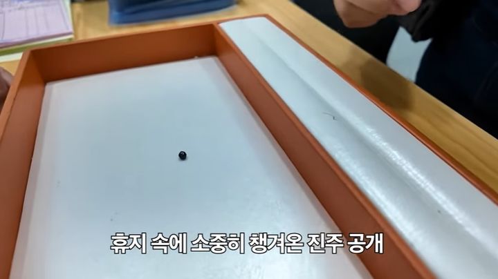 요리 유튜버 수빙수가 10일 키조개를 손질하던 중 발견한 조개의 감정 결과를 공개하는 영상을 게시했다.(출처 : 수빙수 유튜브 채널) *재판매 및 DB 금지