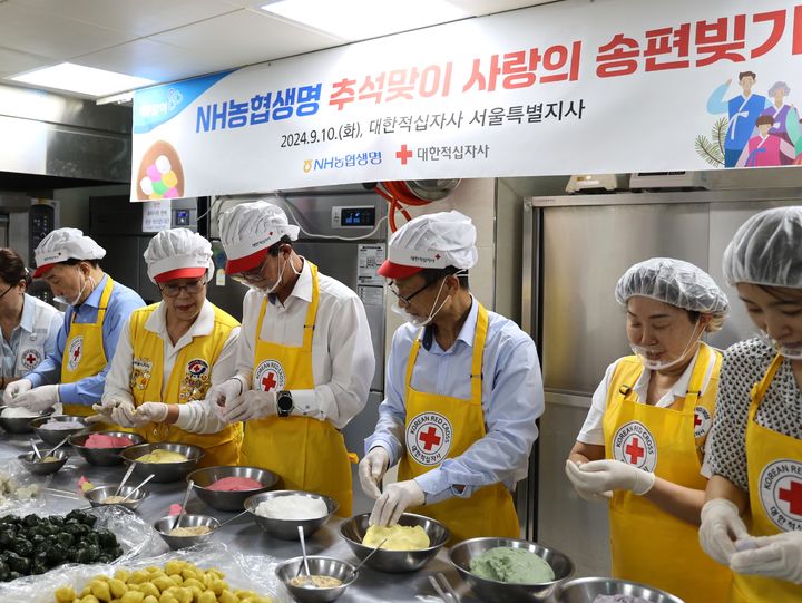 [서울=뉴시스]NH농협생명이 10일 쌀 10만 포대를 대한적십자사에 전달했다. 쌀 전달식과 함께 윤해진 농협생명 대표(오른쪽 네 번째), 김철수 대한적십자사 회장(왼쪽 두 번째)와 농협생명 임직원들이 송편빚기 봉사를 진행했다.(사진=NH농협생명 제공)2024.09.11 photo@newsis.com *재판매 및 DB 금지