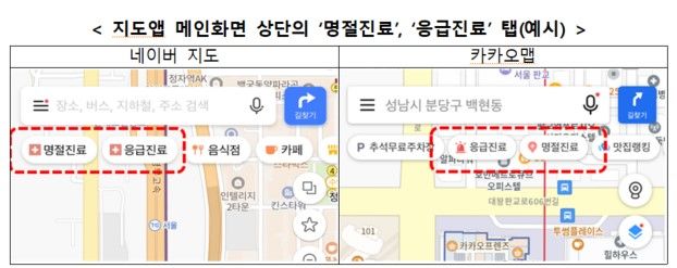 네이버와 카카오 지도앱 메인화면 상단의 ‘명절진료’, ‘응급진료’ 탭 예시화면.(사진=과학기술정보통신부 제공) *재판매 및 DB 금지