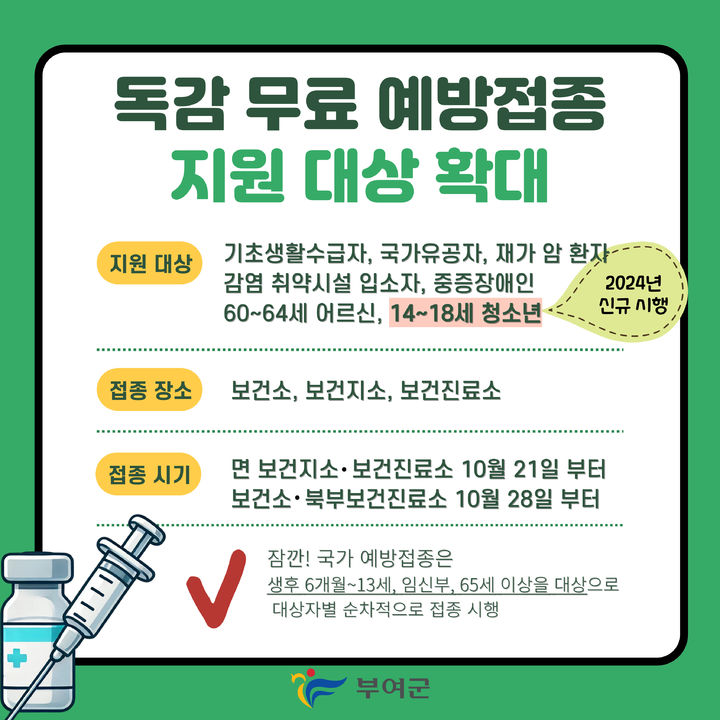 [부여=뉴시스] 부여군 자체 독감 무료 예방접종사업. (사진=부여군 제공) 2024.09.20. photo@newsis.com *재판매 및 DB 금지