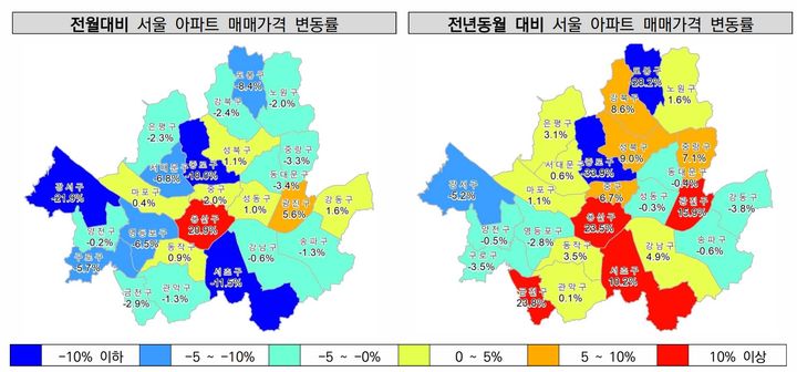 [서울=뉴시스] 전월 및 전년동월 대비 서울 아파트 매매가격 변동률. 2024.09.20. (자료 제공=한국공인중개사협회) photo@newsis.com *재판매 및 DB 금지