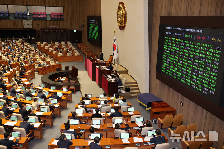 [서울=뉴시스] 조성우 기자 = 26일 오후 서울 여의도 국회에서 열린 제418회국회(정기회) 제9차 본회의에서 성폭력범죄의처벌등에관한특례법일부개정법률안(대안)이 가결되고 있다. 2024.09.26. xconfind@newsis.com