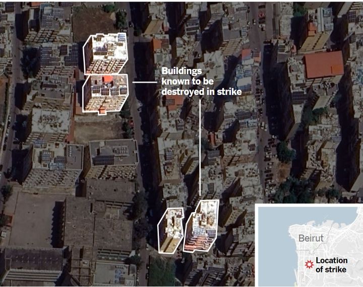 이스라엘군이 27일 하산 나스랄라 등 헤즈볼라의 지도부가 있는 본부가 지하에 있는 건물을 폭격하기 전의 건물.(사진 NYT 캡처) 2024.09.30 *재판매 및 DB 금지