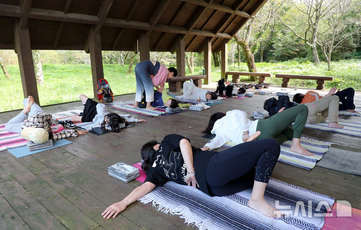 [제주=뉴시스] 우장호 기자 = 도시 숲의 중요성을 알리기 위한 제1회 나무포럼 이틀째인 12일 제주시 한라생태숲 원형광장 일원에서 요가 프로그램과 명상 체험이 열리고 있다. 올해 처음 열린 나무포럼은 제주도가 주최하고 제주국제컨벤션센터가 주관하며, 서부지방산림청이 후원하며, '도시와 숲, 그리고 사람'을 대주제로 총 3개 세션으로 진행됐다. 2024.10.12. woo1223@newsis.com