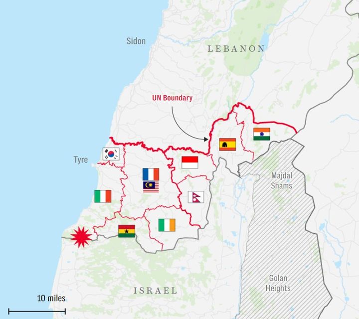레바논 남부 유엔평화유지군(유니필)의 각 국 주둔 지역. 지중해 연안 한국군이 주둔한 지역에 태극기가 표시되어 있다. (출처: 텔레그라프 캡처) 2024.10.15.  *재판매 및 DB 금지