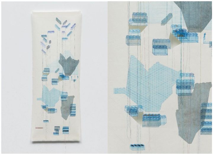 이자운(Zaun) , thin section 802, 97.79 cm x 35.94 cm , 2024 Medium : Collage of intaglio prints with silk thread, graphite, sumi ink, water color, archival dry glue, and cutouts on layers of mulberry paper in various weights backed with silk fabric 여러 두께의 수제 순지에, 동판화 콜라주, 실크실, 흑연, 먹, 수채물감, 보존보수용 중성접착제, 오려내기, 실크로 덧대어진 *재판매 및 DB 금지