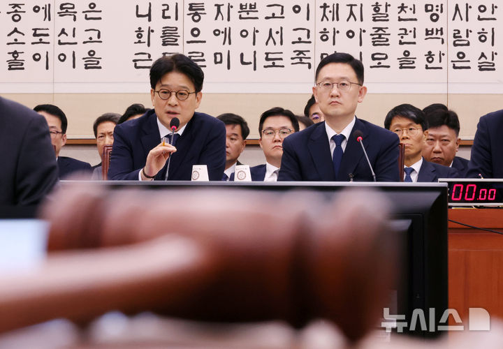 [서울=뉴시스] 조성우 기자 = 이창수(왼쪽) 서울중앙지검장이 18일 오전 서울 여의도 국회에서 열린 법제사법위원회의 서울고등검찰청, 서울중앙지방검찰청 등에 대한 국정감사에서 의원 질문에 답변하고 있다. 오른쪽은 박세현 서울고검장. 2024.10.18. xconfind@newsis.com