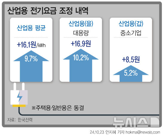 [서울=뉴시스] 한국전력이 24일부터 산업용 고객에 한정해 전력량 요금을 ㎾h당 16.1원 인상한다. 한국전력에 따르면 산업용 고객은 약 44만호로 전체 고객의 1.7%이지만 전체 전력 사용량은 절반이 넘는 53.2%를 차지한다. (그래픽=안지혜 기자) hokma@newsis.com 