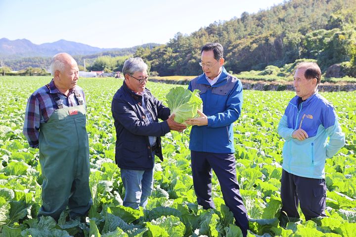 [해남=뉴시스]명현관(오른쪽 두번째) 해남군수가 24일 마산면 배추 재배농가 현장을 찾아 생육상황을 점검하고 있다. (사진=해남군 제공) 2024.10.24. photo@newsis.com *재판매 및 DB 금지