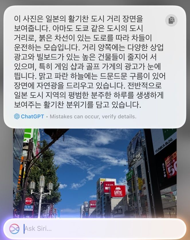 시리와 연결된 챗GPT에게 아이폰 화면 속 사진을 설명해보라고 명령하자 내놓은 답변. (사진=윤현성 기자) *재판매 및 DB 금지