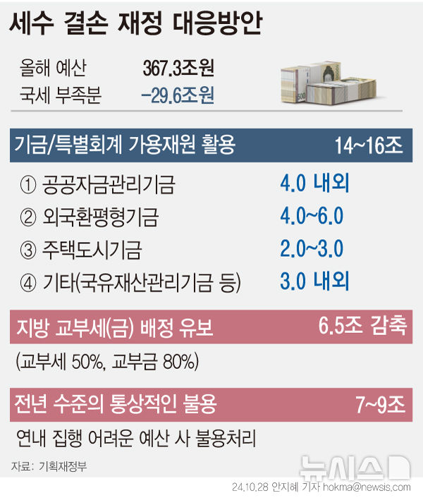 [서울=뉴시스] 정부가 올해 30조원 규모의 세수 결손을 메우기 위해 내국세에 연동돼 내려가는 지방교부세(금) 지급 규모를 6조5000억원 수준으로 감축한다는 계획이다. 지난해 18조원을 불용처리한데 이어 올해 6조원 수준이 삭감되는 셈이다. (그래픽=안지혜 기자) hokma@newsis.com