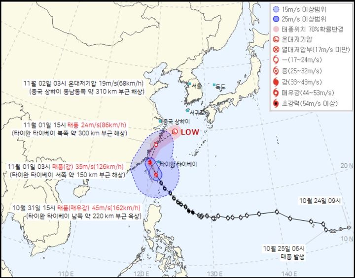 [서울=뉴시스] 제21호 태풍 '콩레이'가 대만 인근 해상에서 온대 저기압으로 전환돼 제주 남쪽을 지날 예정이다. 올 한 해 발생한 태풍이 한반도에 상륙하지 않은 것은 2017년 이후 7년 만이다. (사진=기상청) *재판매 및 DB 금지