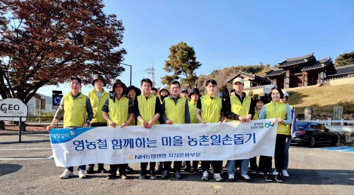 [서울=뉴시스]NH농협생명이 31일 가을철을 맞아 경기 연천군에 위치한 농가를 찾아 부족한 일손을 도왔다.(사진=NH농협생명 제공)2024.11.01 photo@newsis.com *재판매 및 DB 금지