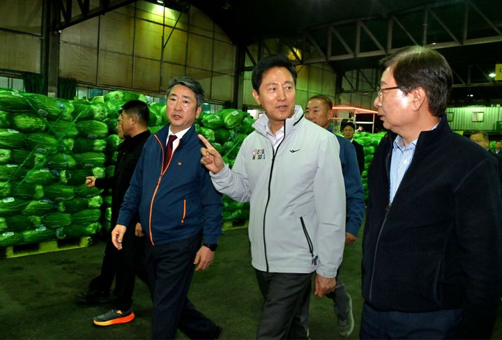 [서울=뉴시스] 홍효식 기자 = 오세훈 서울시장이 김장철 배추 수급 동향과 관련해 지난 1일 오후 서울 송파구 가락시장을 방문해 배추 경매장을 둘러보고 있다. (사진=서울시 제공) 2024.11.02. photo@newsis.com *재판매 및 DB 금지