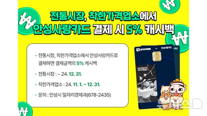 [안성=뉴시스] 안성시, 착한가격업소 안성사랑카드 5% 캐시백 지급 (사진=안성시 제공) 