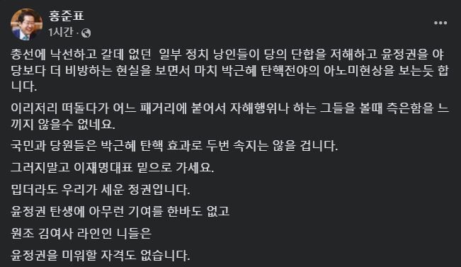 [서울=뉴시스] 2024년 11월 8일 홍준표 대구시장이 자신의 페이스북에 올린 글..(사진=홍준표 대구시장 페이스북 갈무리) *재판매 및 DB 금지