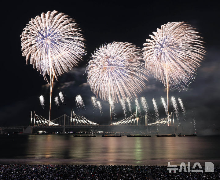 [부산=뉴시스] 하경민 기자 = '제19회 부산불꽃축제'가 열린 9일 부산 수영구 광안리해수욕장 일대에서 광안대교를 배경으로 화려한 불꽃쇼가 펼쳐지고 있다. 2024.11.09. yulnetphoto@newsis.com