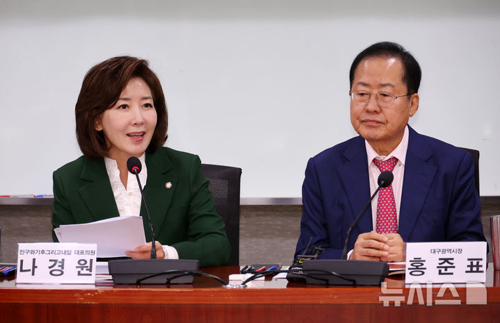 [서울=뉴시스] 조성우 기자 = 12일 오전 서울 여의도 국회 의원회관에서 열린 국회의원 연구단체 인구와 기후 그리고 내일 정기포럼에서 나경원 국민의힘 의원이 발언하고 있다. 오른쪽은 홍준표 대구시장. 2024.11.12. xconfind@newsis.com