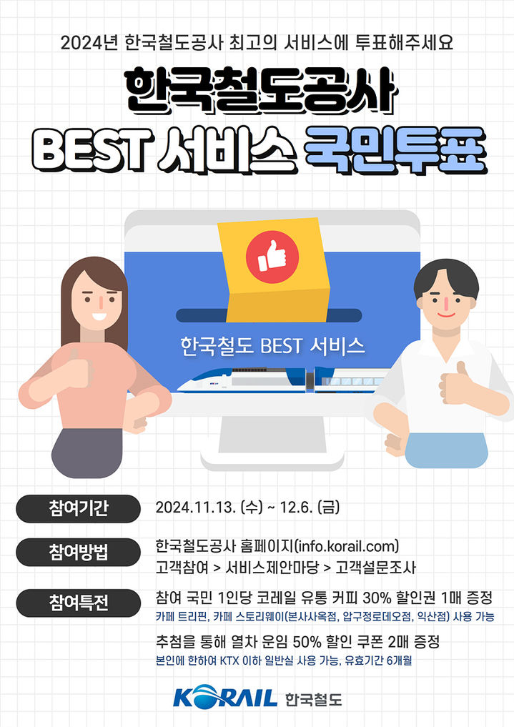 [서울=뉴시스] 한국철도공사(코레일)가 실시하는 2024년 베스트 서비스 국민투표 포스터. 2024.11.14. (사진=코레일 제공) photo@newsis.com *재판매 및 DB 금지