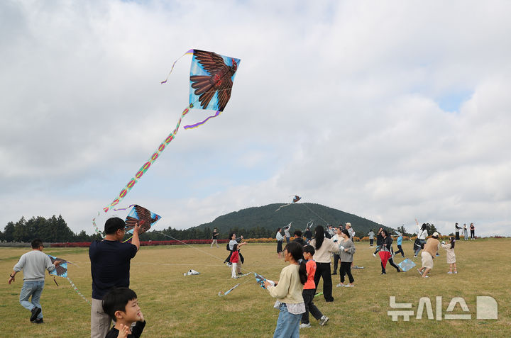 [서귀포=뉴시스] 우장호 기자 = 16일 오후 제주 서귀포시 표선면 보롬왓(바람이 부는 밭)에서 열린 '파릇파릇 대파축제' 방문객들이 가을 바람에 연을 날리며 즐거운 시간을 보내고 있다. 2024.11.16. woo1223@newsis.com