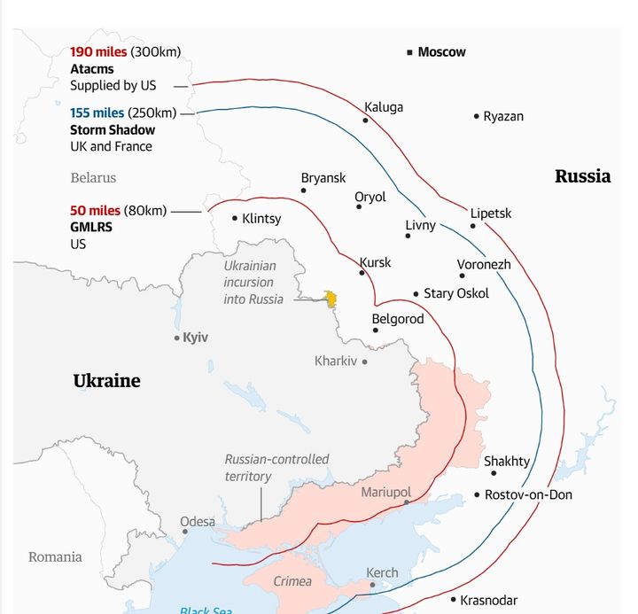 에이태큼스와 스톰섀도우 미사일의 사거리 범위.(출처: 가디언) 2024.11.19. *재판매 및 DB 금지