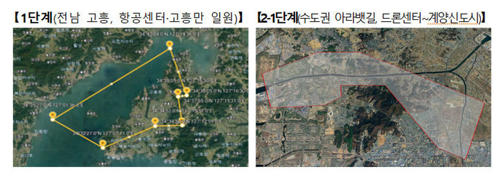 [서울=뉴시스] 국토교통부는 국가교통위원회를 통해 미국과 유럽 등에서 제작하는 기체를 모두 아우를 수 있도록 ‘도심형항공기 기준’을 정하고, 규제특례가 적용되는 ‘도심항공교통 실증사업구역’을 지정했다고 21일 밝혔다. 사진은 실증사업구역이 이뤄지는 전남 고흥 지역과 수도권 지역. 2024.11.21. (사진=국토교통부 제공) photo@newsis.com *재판매 및 DB 금지