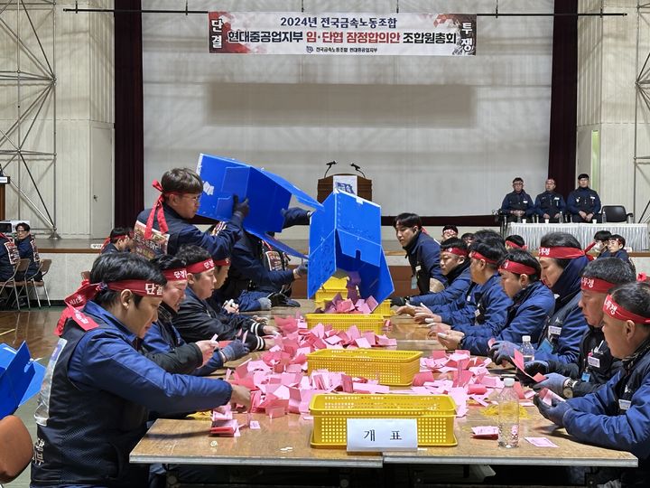 [울산=뉴시스] 21일 HD현대중공업 노동조합이 임단협 2차 잠정합의안 수용 여부를 묻는 조합원 찬반투표를 실시한 가운데 이날 오후 울산 본사 사내체육관에서 개표작업이 진행되고 있다. (사진=HD현대중공업 노동조합 제공) 2024.11.21. photo@newsis.com *재판매 및 DB 금지