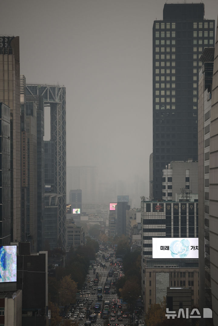 [서울=뉴시스] 정병혁 기자 = 서울을 비롯한 수도권의 초미세먼지 농도가 나쁨 수준을 보인 21일 서울 도심이 뿌옇게 보이고 있다. 2024.11.21. jhope@newsis.com