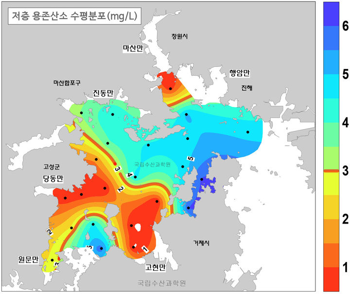 [부산=뉴시스] 진해만 저층 용존산소 수평분포도 (그림=국립수산과학원 제공) 2024.11.22. photo@newsis.com *재판매 및 DB 금지