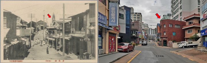 [울산=뉴시스] 구미현 기자 = 일제강점기 후등상점(後藤商店)이 발행한 '방어진(方魚津(영정, 榮町))'이란 엽서에서 확인할 수 있는 울산 최초의 극장인 '상반관', 상반관의 자리에는 현재 리젠파크 아파트가 있다.(동구 중진길 5. 사진 상으로 하나다방 건물에 가려져 있다.) (사진=울산과학대 제공)2024.11.26. photo@newsis.com *재판매 및 DB 금지