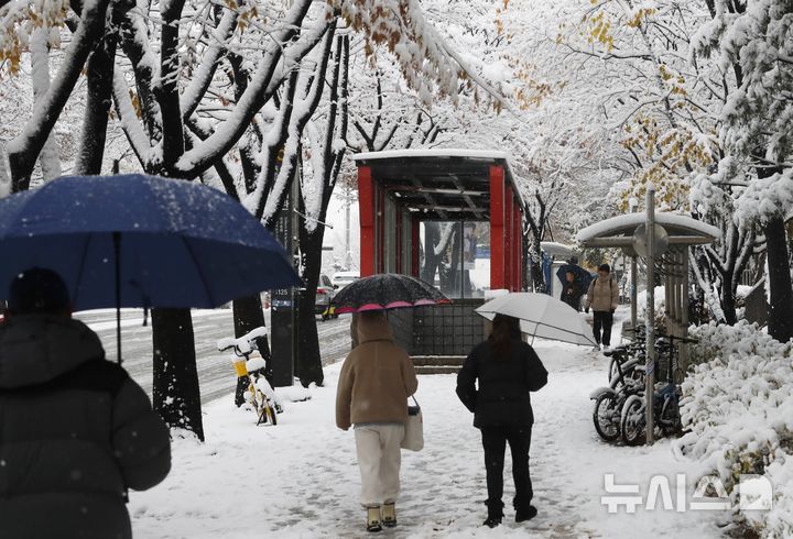 [인천=뉴시스] 김동영 기자 = 대설특보가 발효된 27일 오후 인천 남동구 인천문화예술회관 인근에서 시민들이 우산을 쓰고 걸어가고 있다. 2024.11.27. dy0121@newsis.com 