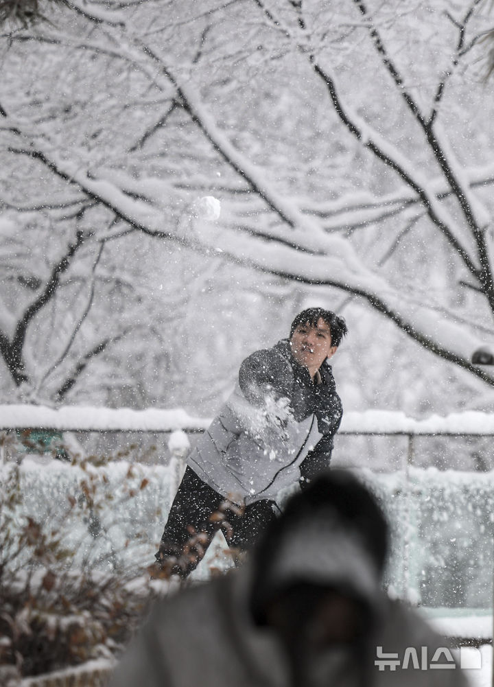 [서울=뉴시스] 정병혁 기자 = 27일 서울 중구 남산을 찾은 여행객이 눈싸움을 하고 있다. 2024.11.27. jhope@newsis.com