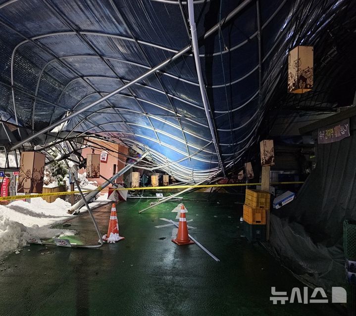 [의왕=뉴시스] 28일 오전 2시57분 밤 사이 내린 많은 눈으로 경기 의왕시 부곡 도깨비시장 천장이 무너졌다. (사진=경기도소방재난본부 제공) 2024.11.28. photo@newsis.com *재판매 및 DB 금지