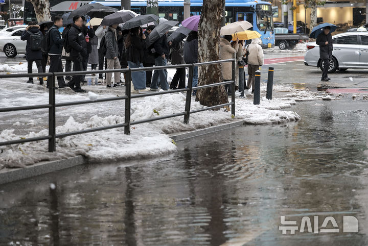 [서울=뉴시스] 정병혁 기자 = 28일 서울 강남구 뱅뱅사거리 인근 배수로가 낙엽과 눈으로 막히면서 물이 고여있는 횡단보도를 시민들이 지나고 있다. 2024.11.28. jhope@newsis.com