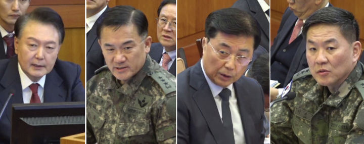 [서울=뉴시스] 4일 서울 종로구 헌법재판소에서 열린 윤석열 대통령 탄핵심판 5차 변론기일에서 윤석열 대통령을 비롯한 증인들이 발언을 하고 있다. 윤석열 대통령(사진 왼쪽부터), 여인형 전 국군방첩사령관, 홍장원 전 국가정보원 제1차장, 이진우 전 육군 수도방위사령관. (사진=헌법재판소 제공) 2025.02.04. photo@newsis.com *재판매 및 DB 금지