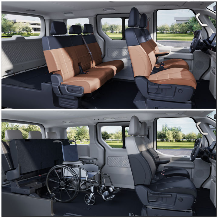 [서울=뉴시스] 위쪽부터 기아가 새로 공개한 PV5 패신저 내부, PV5 WAV(Wheelchair Accessible Vehicle·휠체어 탑승용) 내부 (사진=기아 제공) photo@newsis.com *재판매 및 DB 금지